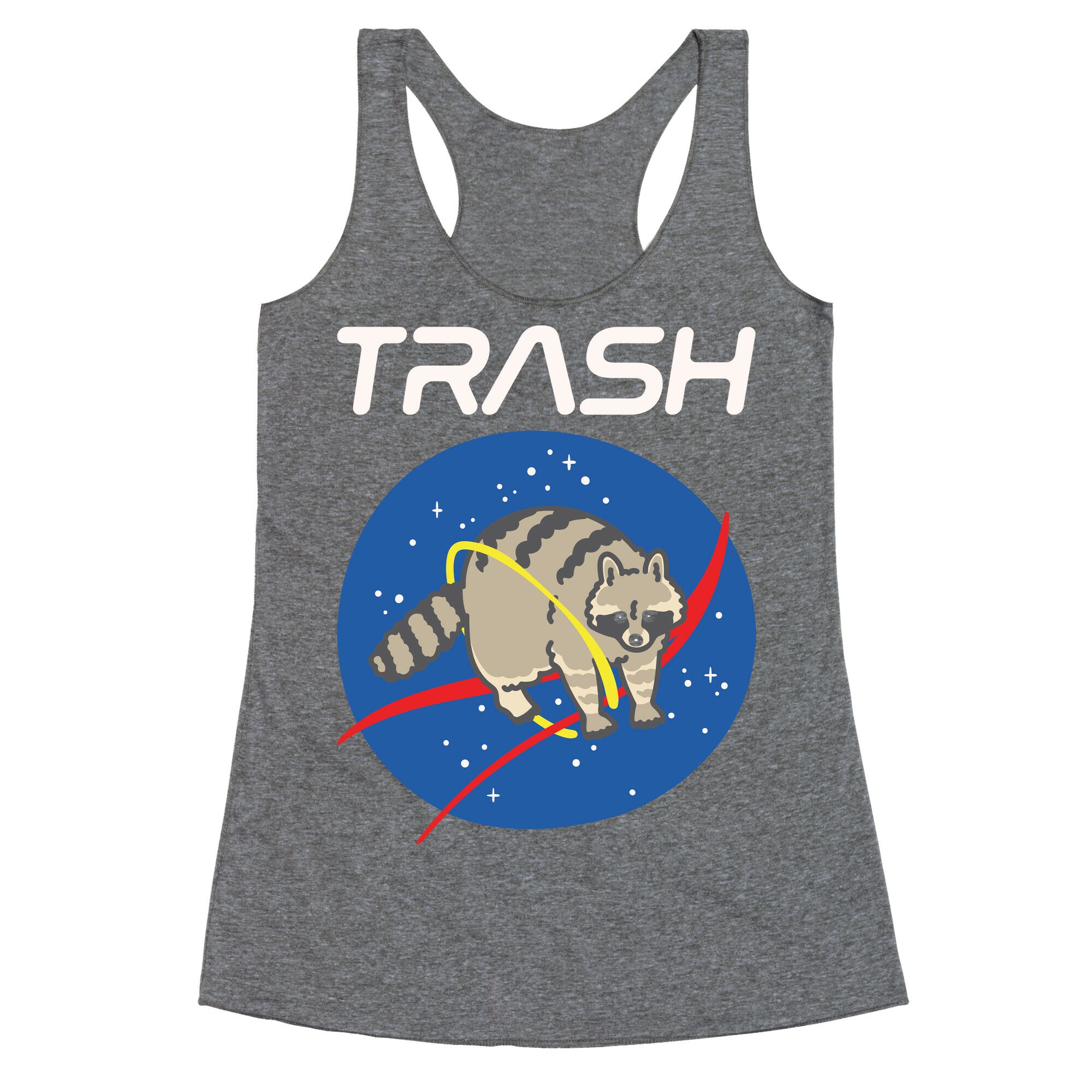 Trash Raccoon Nasa Logo Parody White Print Racerback Tank